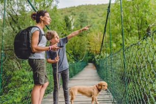 Mother and daughter standing on wooden suspension bridge with small yellow dog in the forest and using smart phone to navigate