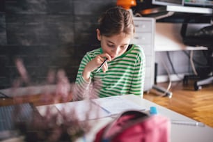 Girl sitting on the floor and doing homework in living room