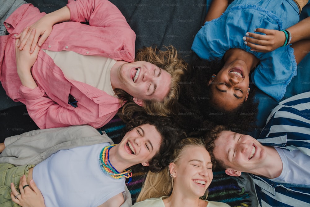 Uma vista superior de um grupo diversificado de amigos se divertindo juntos no parque elogiando e deitados no chão, Amizade e conceitos de estilo de vida