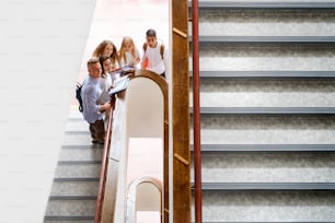 Group of attractive teenage students in high school standing on stairs.