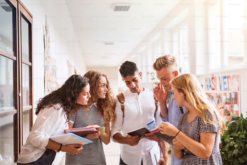 Agrupe a estudiantes adolescentes atractivos en el pasillo de la escuela secundaria, hablando juntos.