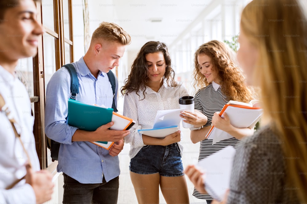 Agrupe a estudiantes adolescentes atractivos en el pasillo de la escuela secundaria, hablando juntos.