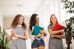 Groupe de trois adolescentes séduisantes dans le hall du lycée pendant la pause, s’étreignant et souriant.