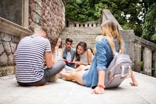 Group of attractive teenage students sitting on stone steps in front of university, reading and studying.