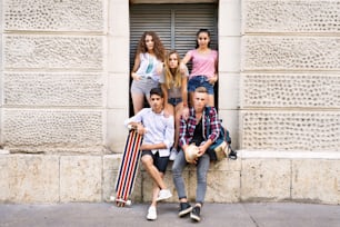 Gruppo di studenti adolescenti attraenti in posa di fronte all'università.