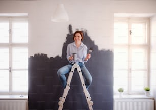 Un retrato de una joven mujer creativa pintando la pared de negro. Una startup de pequeñas empresas.