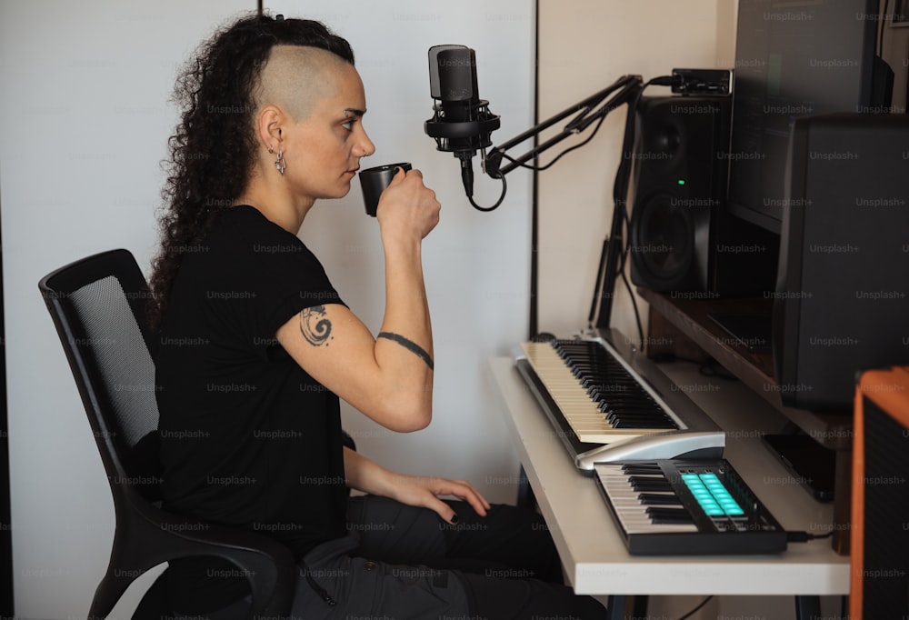 Une femme assise devant un clavier buvant une tasse de café