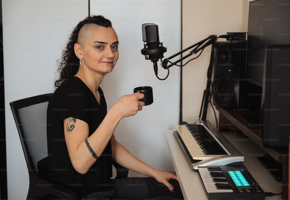 Une femme assise devant un clavier tenant une tasse