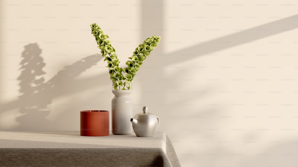 eine weiße Vase mit einer grünen Pflanze darin