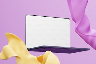 a laptop computer with a blank screen on a purple background