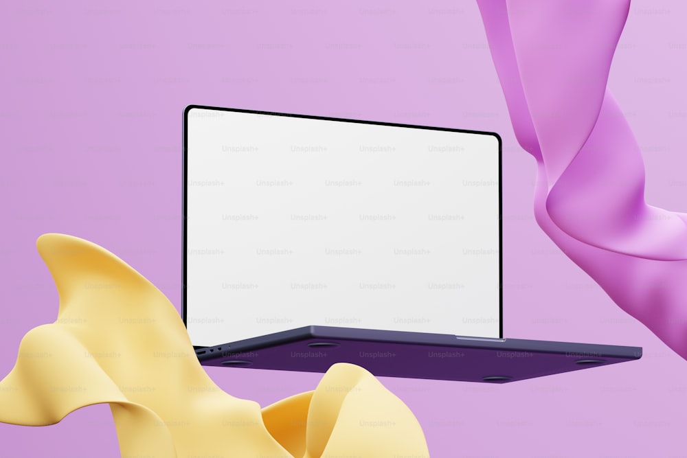 a laptop computer with a blank screen on a purple background
