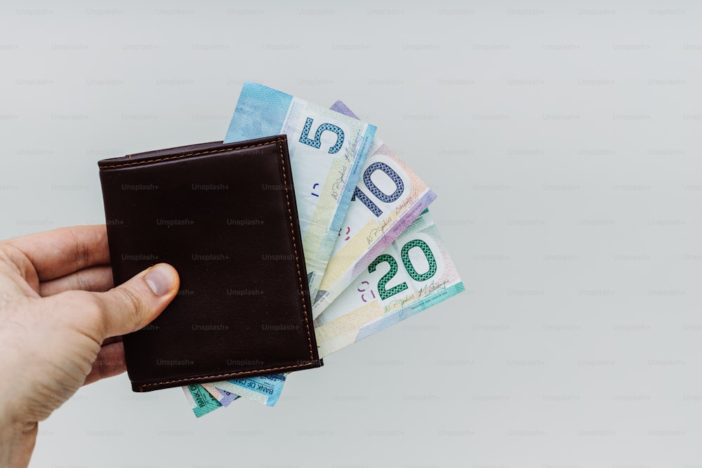 une main tenant un portefeuille avec vingt billets d’euros dedans
