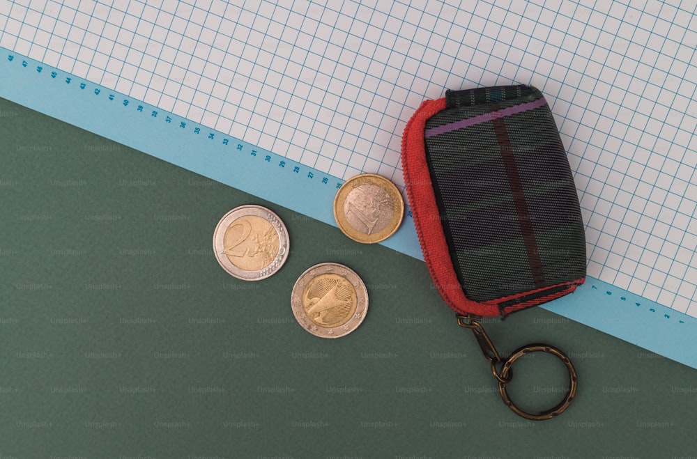 a coin purse sitting on top of a table next to a pair of scissors