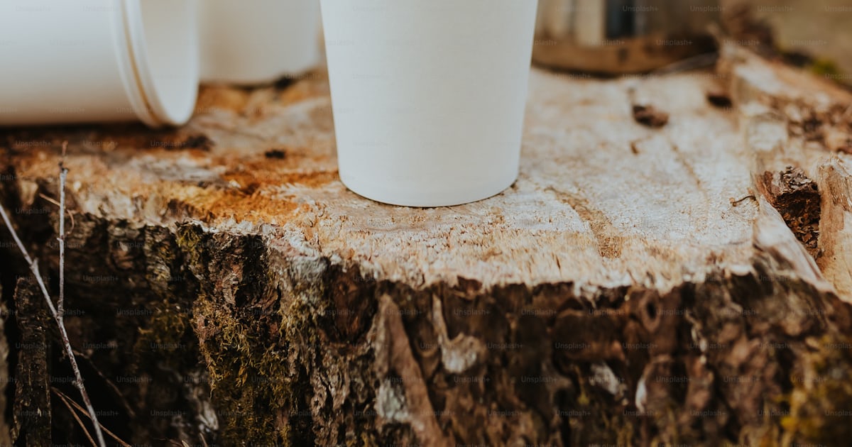 A stack of white cups sitting on top of a tree stump photo β Paper cup ...