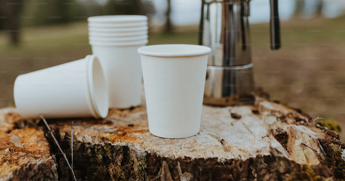 A stack of white cups sitting on top of a tree stump photo – Product ...