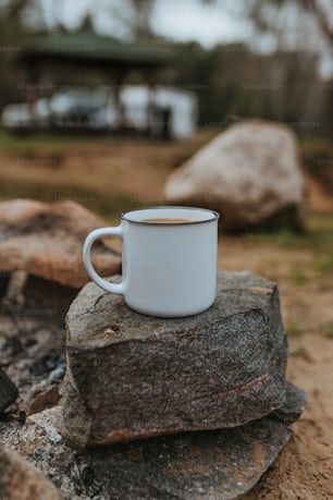 a cup of coffee sitting on top of a rock