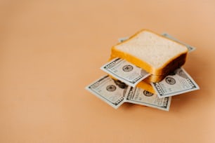 a toasted sandwich sitting on top of a pile of money