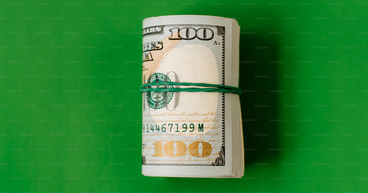 A roll of one hundred dollar bills wrapped in a green string photo ...