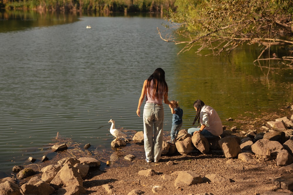 a woman standing next to a lake with ducks