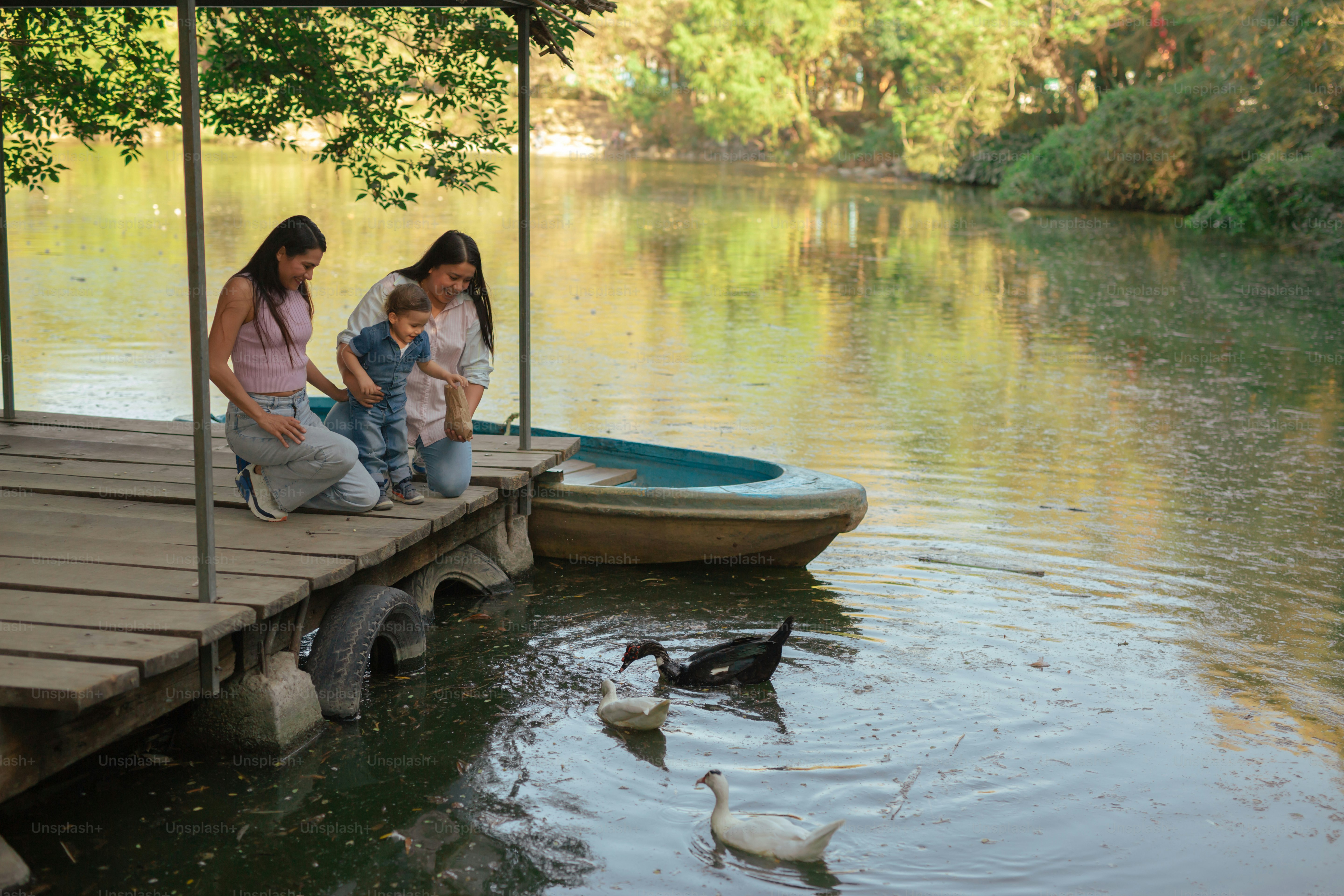 a group of people standing on a dock next to a body of water