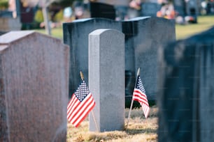 a cemetery with american flags on the headstones