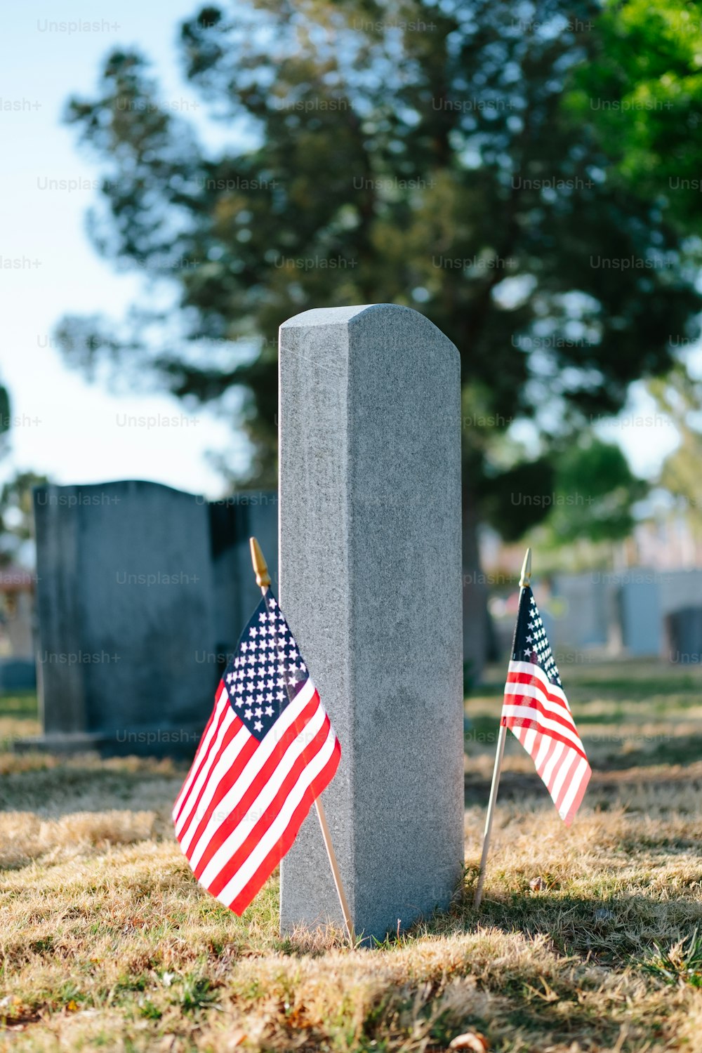 two american flags are placed next to a grave