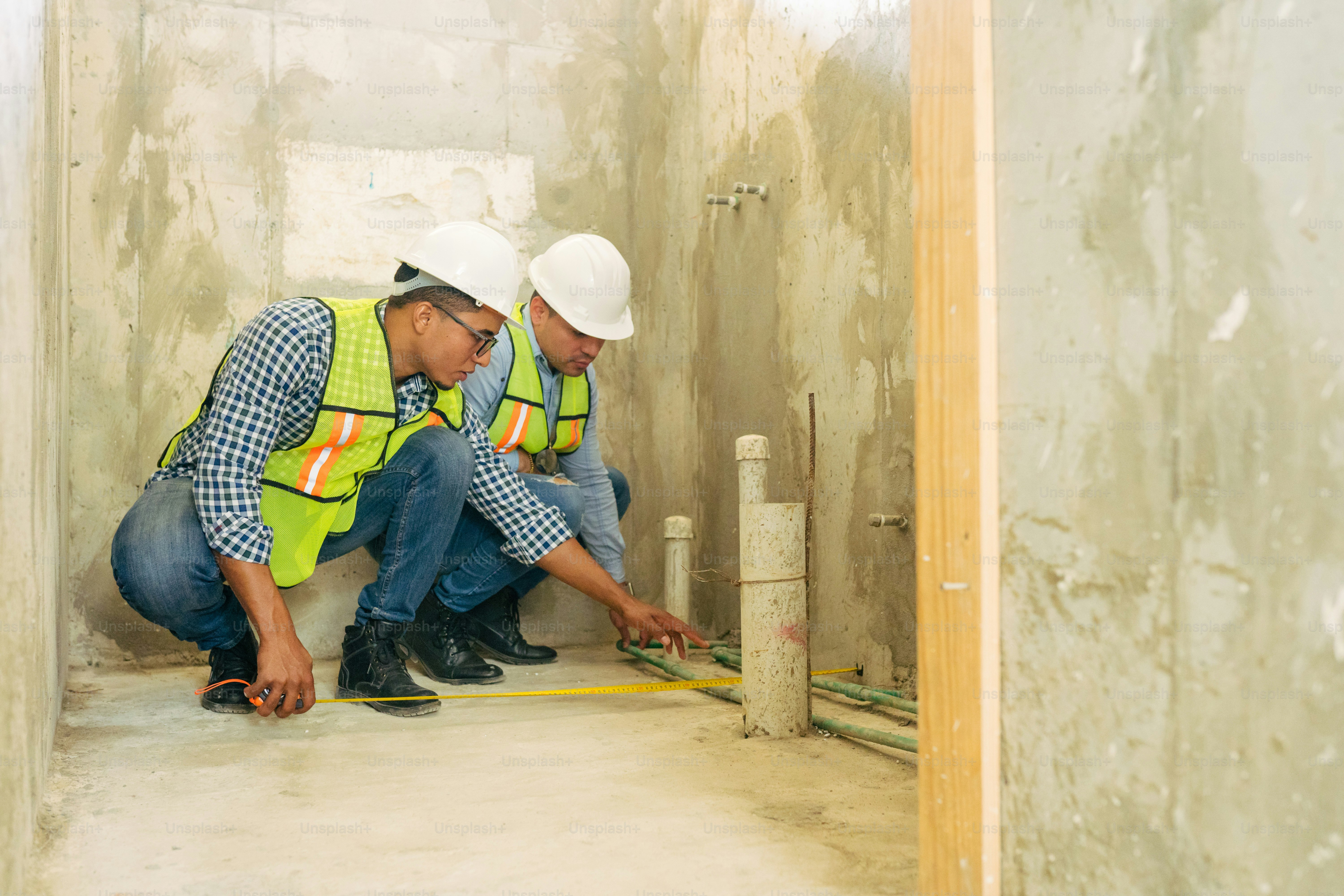 ヘルメットと安全ベストを着た2人の男性が壁で働く