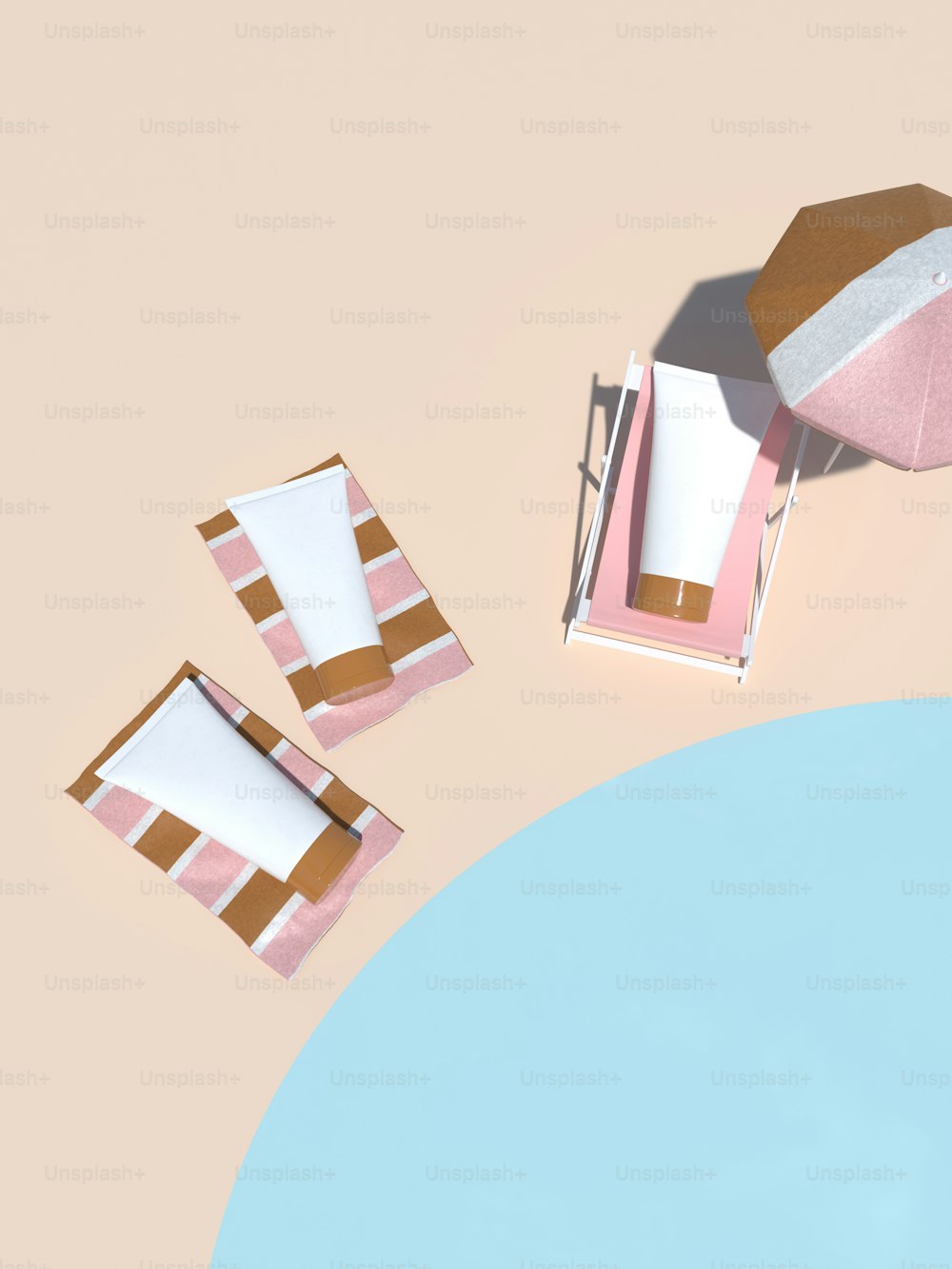 ein Papiermodell einer Strandhütte und zwei Sonnenschirme