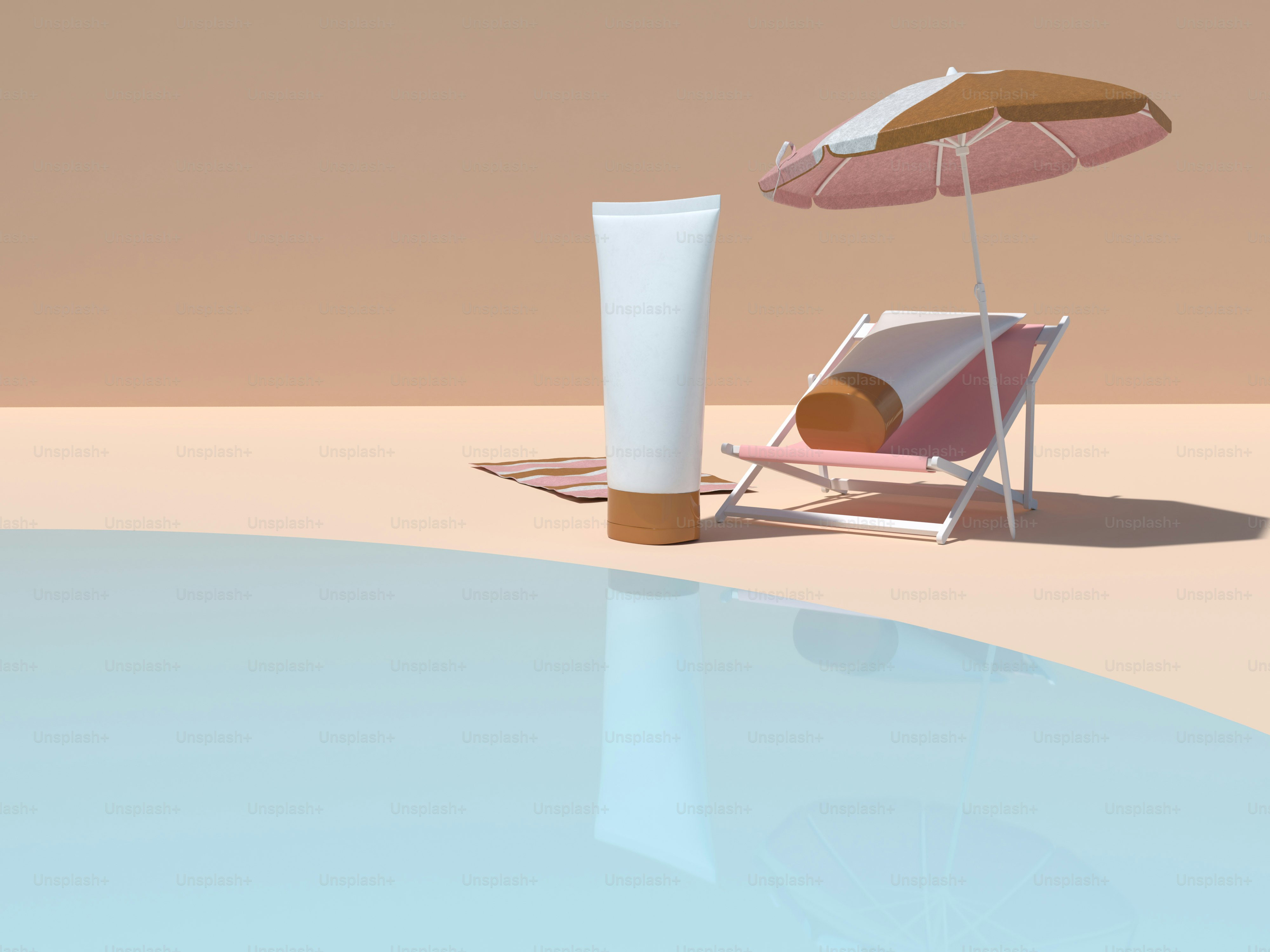 a beach chair and umbrella next to a pool