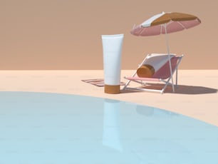 a beach chair and umbrella next to a pool