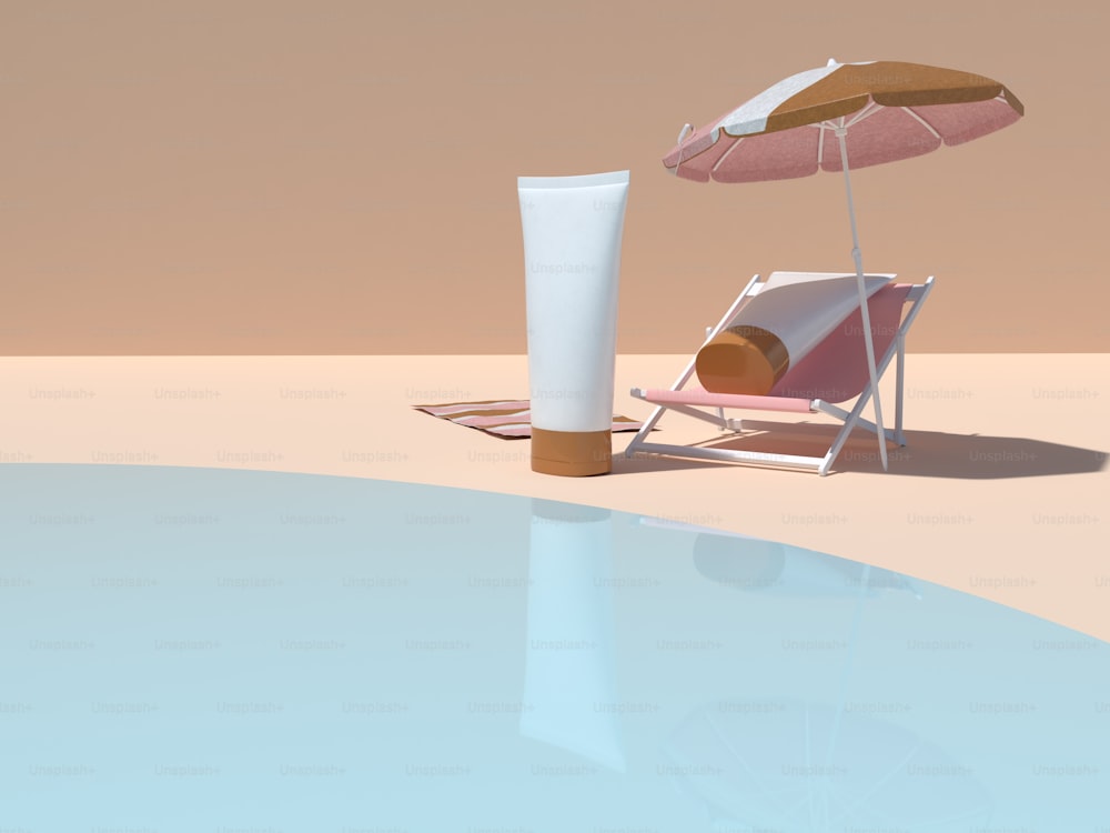 ein Strandkorb und ein Sonnenschirm neben einem Pool