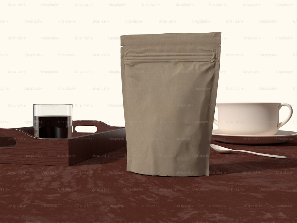 um saco de café ao lado de uma xícara e pires