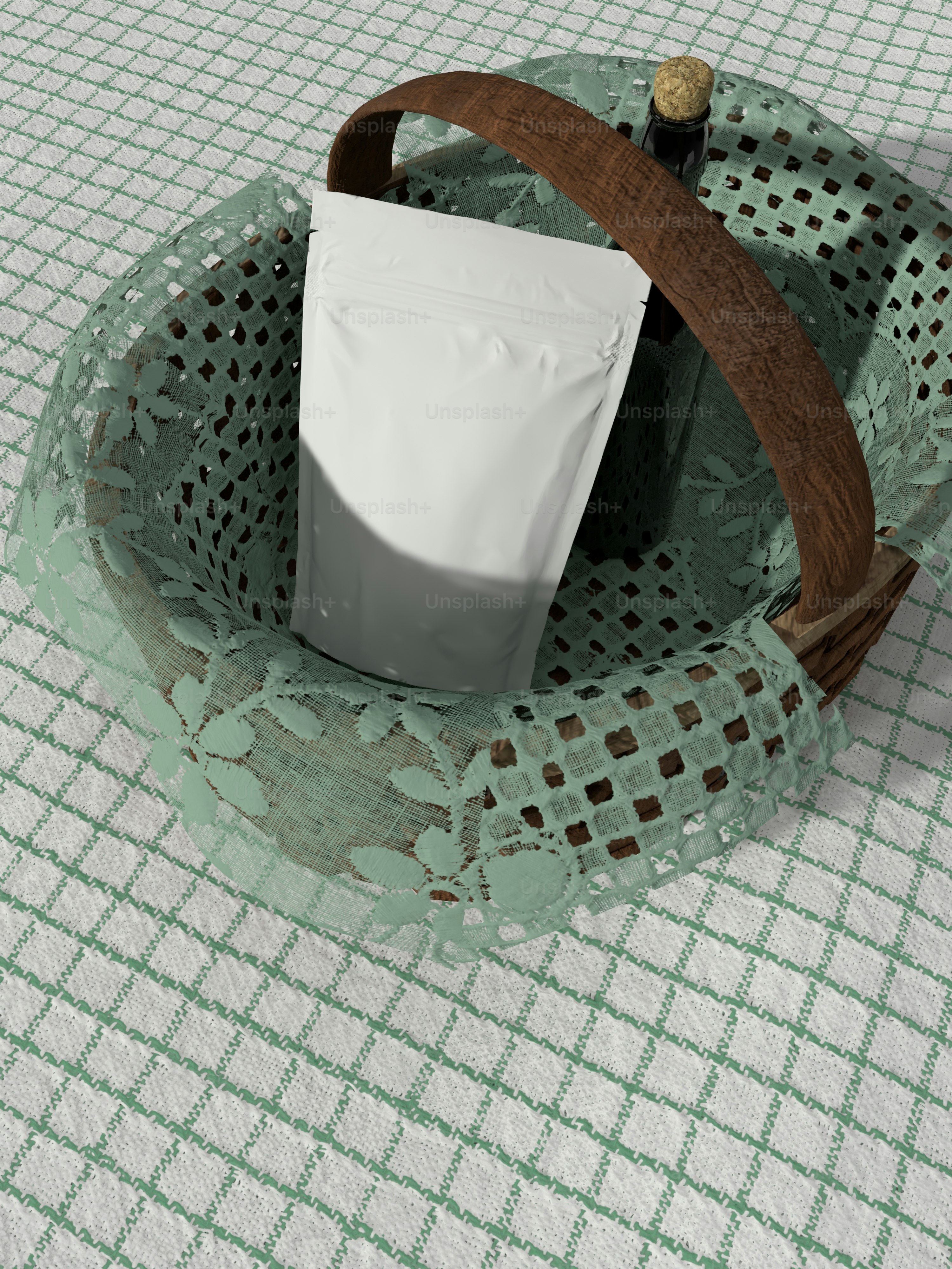 a bottle of wine and a bag in a basket