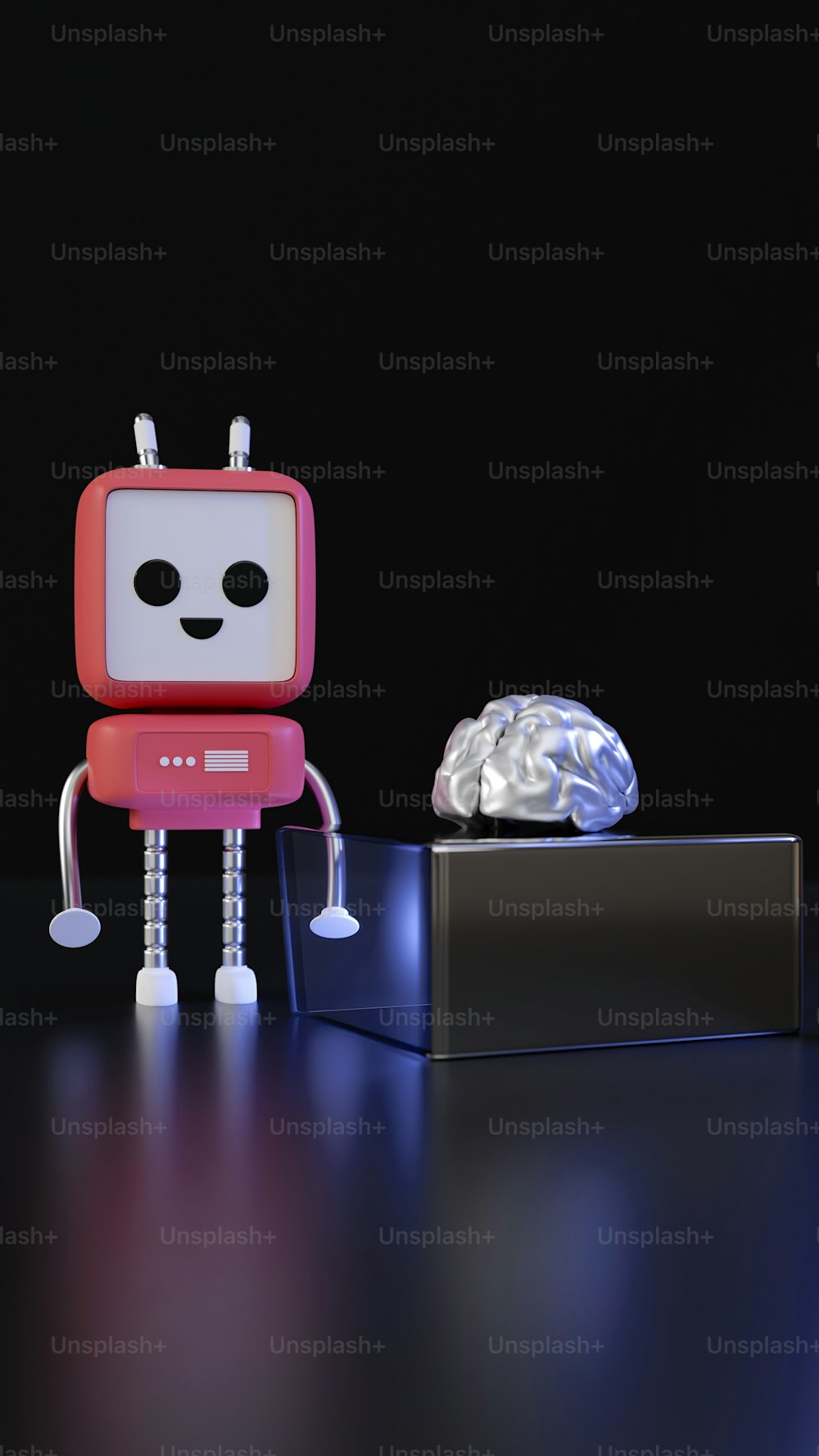 Ein kleiner Roboter neben einem silbernen Objekt