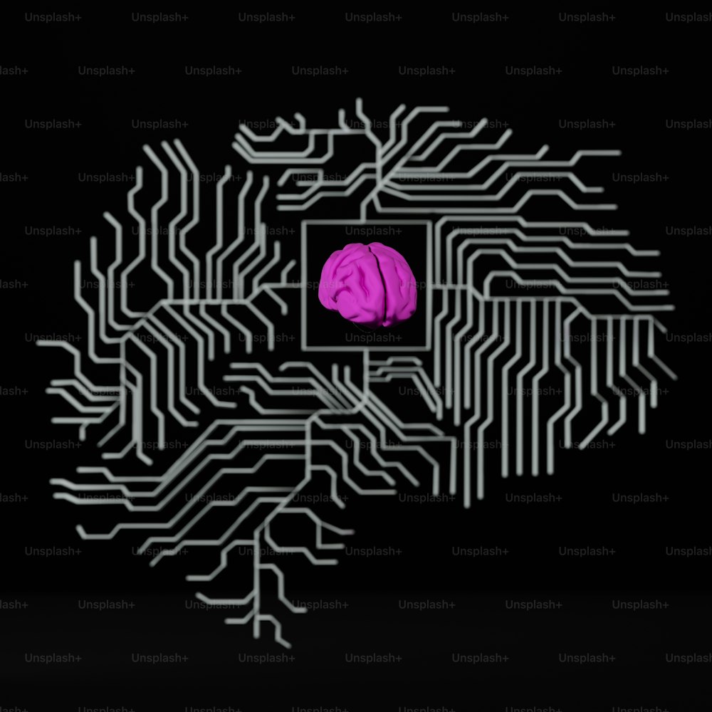 un circuito stampato del computer con un cervello rosa su di esso