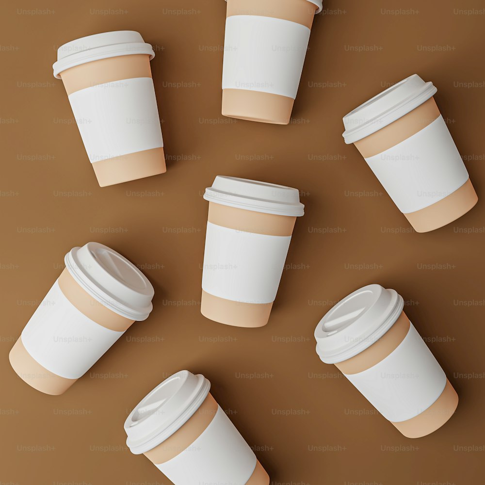 a group of coffee cups sitting on top of a table
