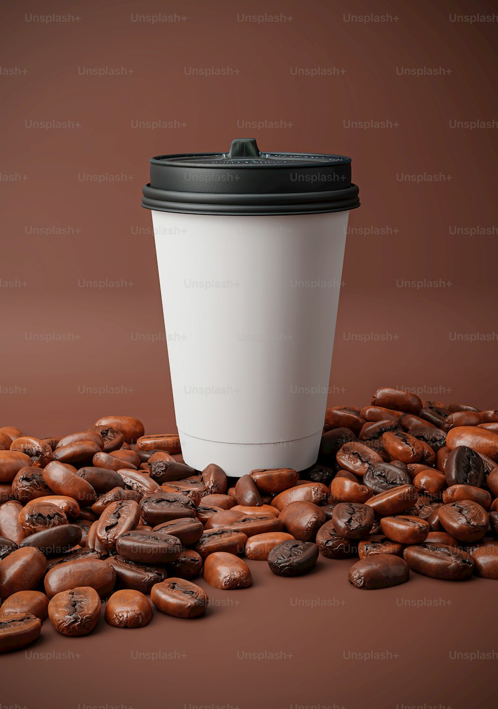 a cup of coffee surrounded by coffee beans