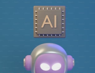 um robô roxo com um sinal de ai acima de sua cabeça
