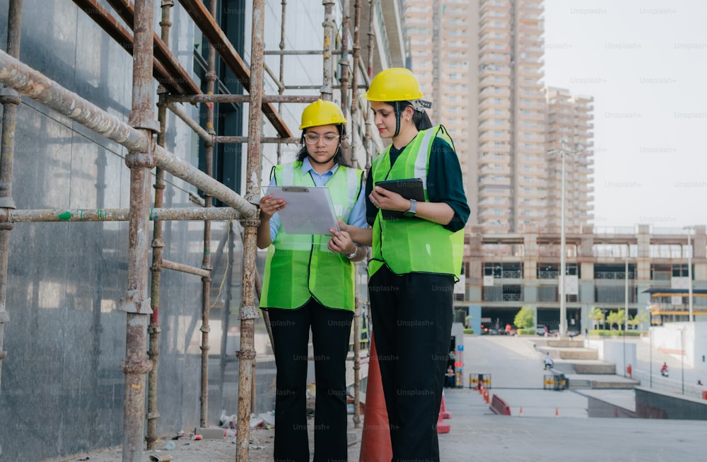 two people in safety vests standing on a construction site