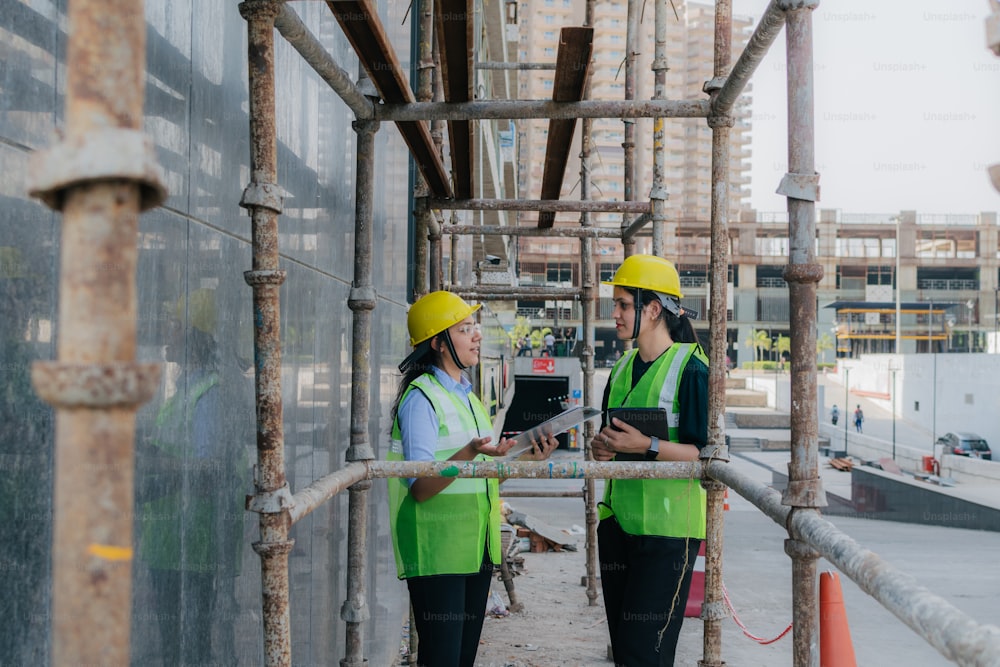 Dos mujeres con chalecos de seguridad de pie en un sitio de construcción