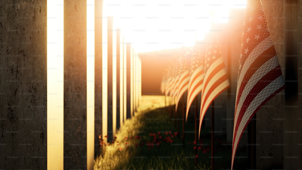 a row of american flags sitting next to each other