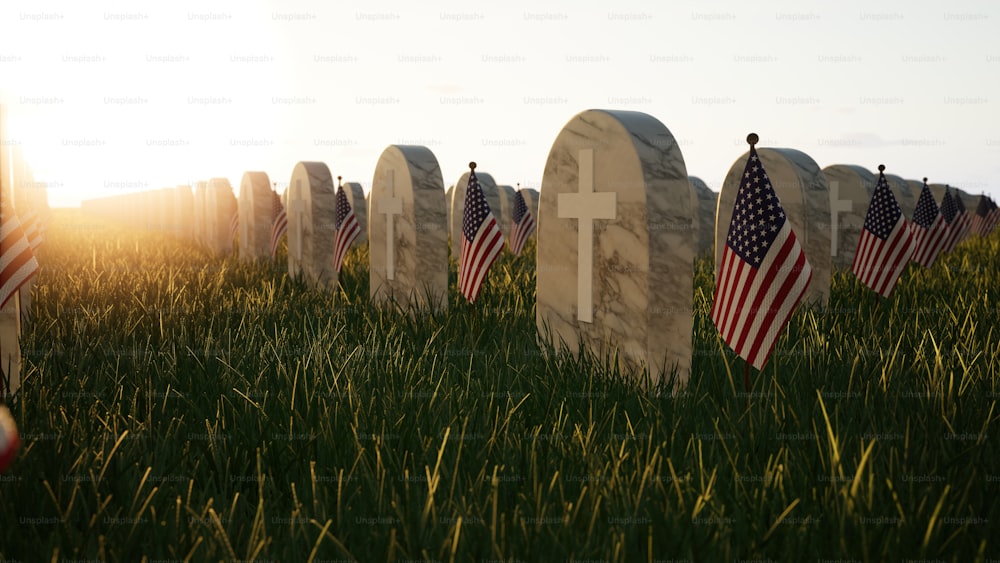 a row of graves with american flags in the grass