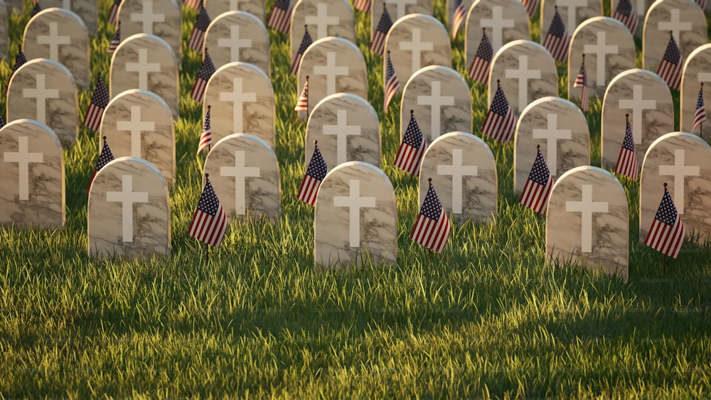 Un champ de pierres tombales avec des drapeaux américains