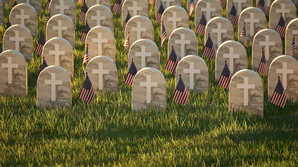 a field of headstones with american flags on them