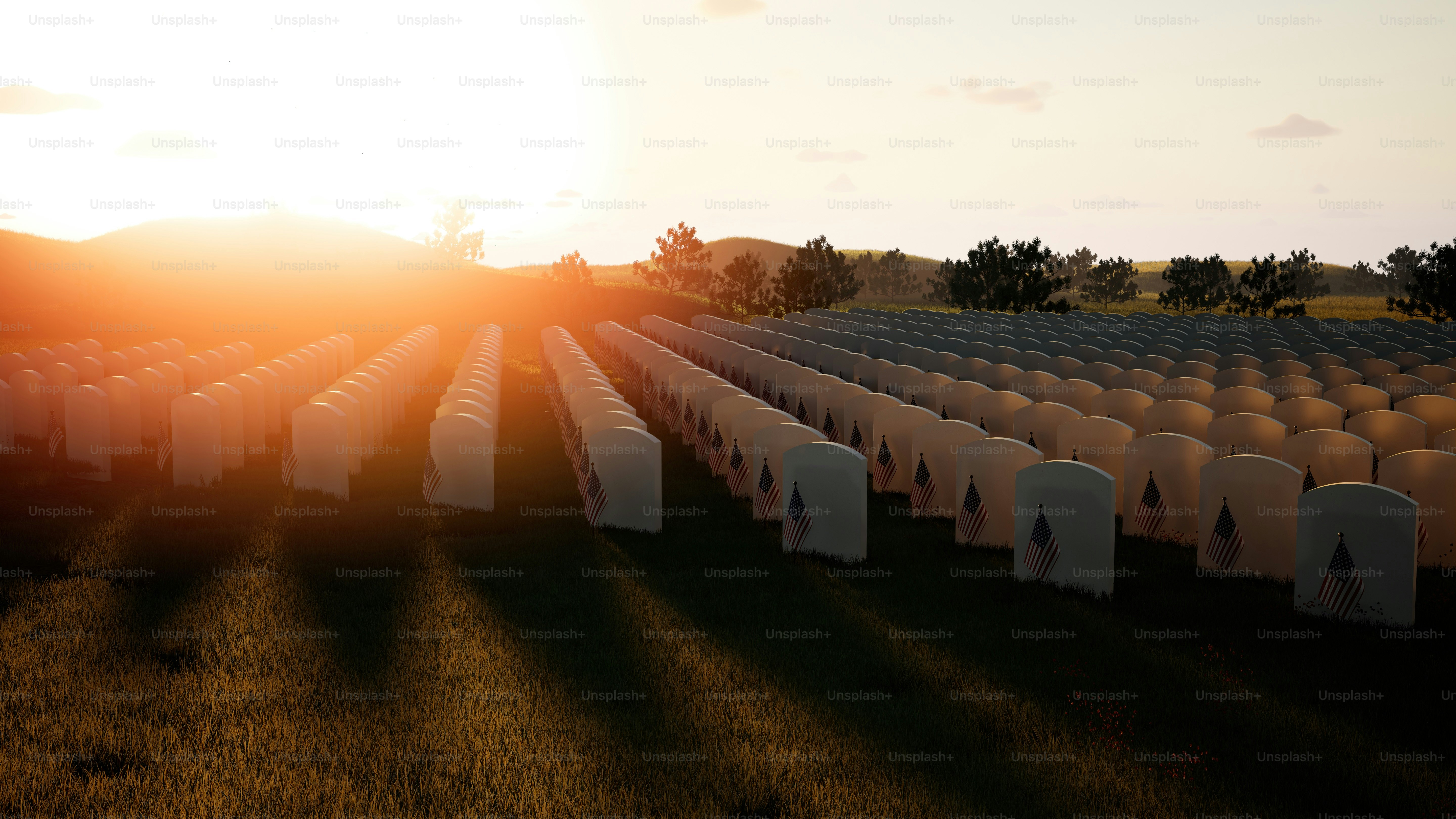 A lonely graveyard at sunset, one unmarked grave, soft orange sky, emotional and reflective mood