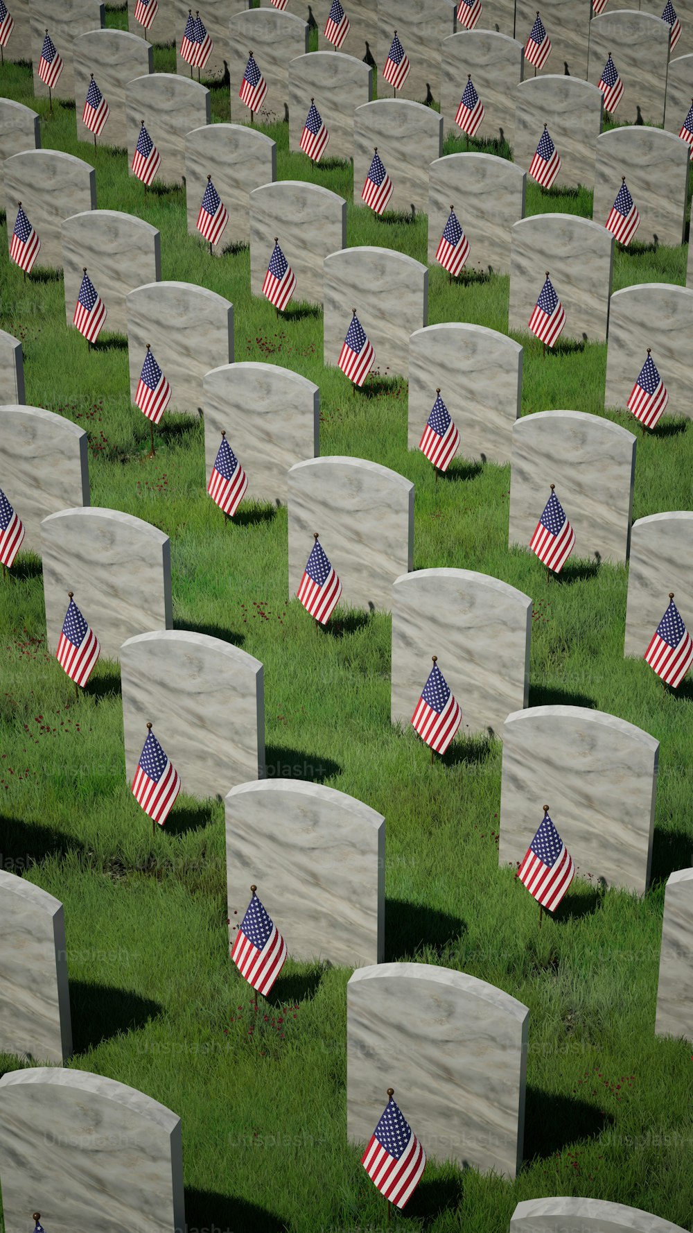 アメリカの国旗が描かれた墓石でいっぱいの野原