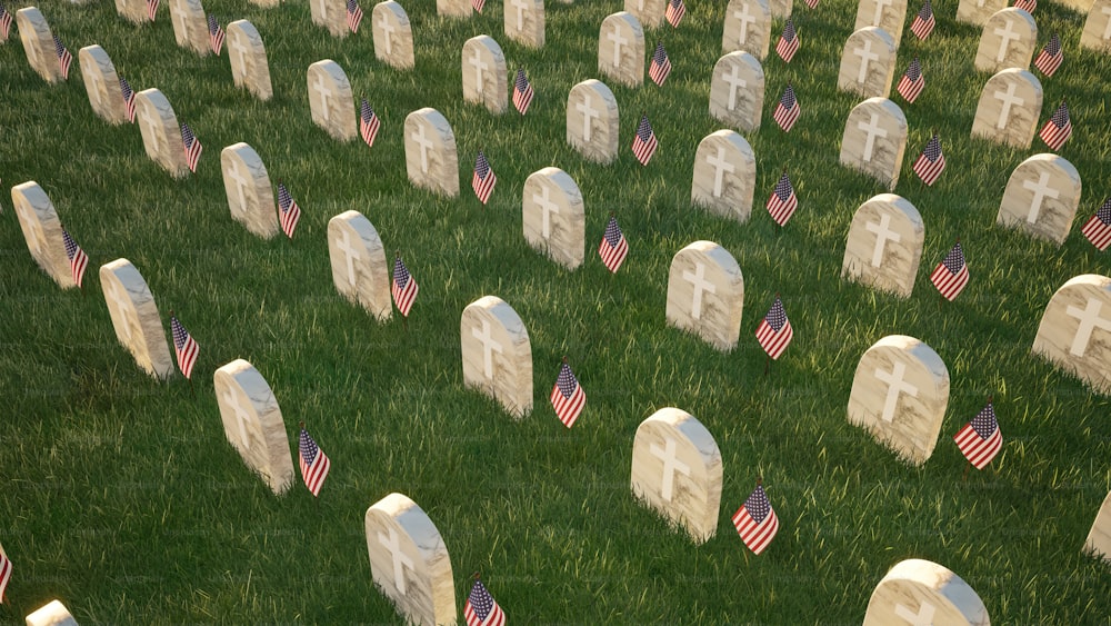 a field of headstones with american flags on them