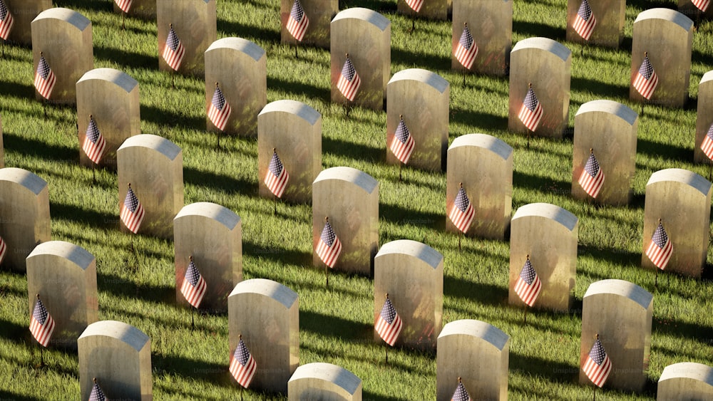 um grande grupo de bandeiras americanas colocadas em um campo