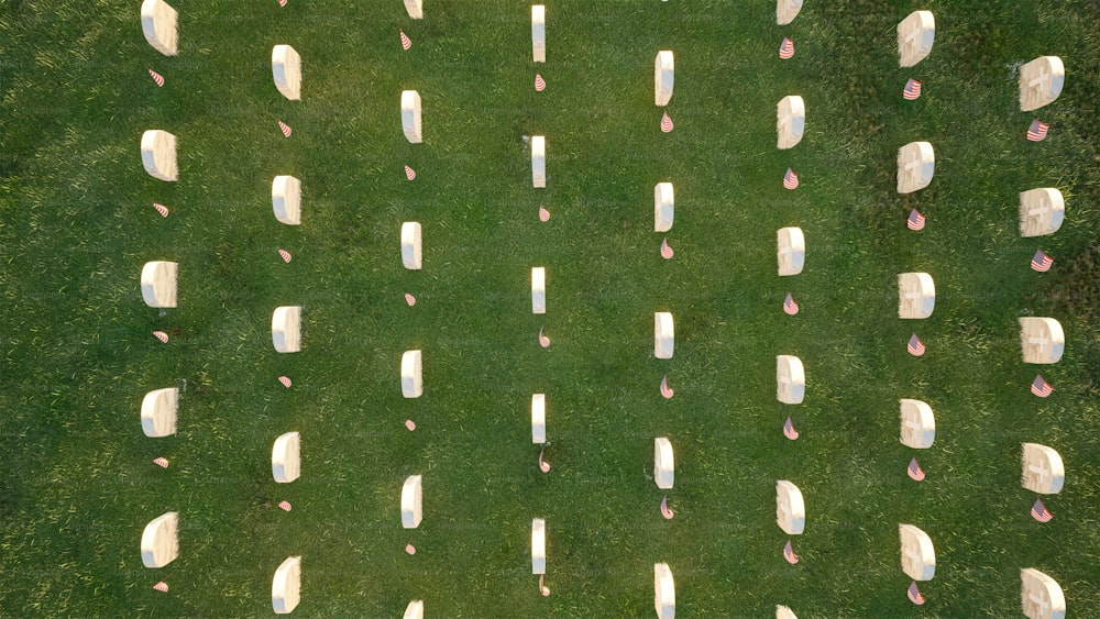 um campo cheio de lápides brancas sentadas no topo de um campo verde exuberante