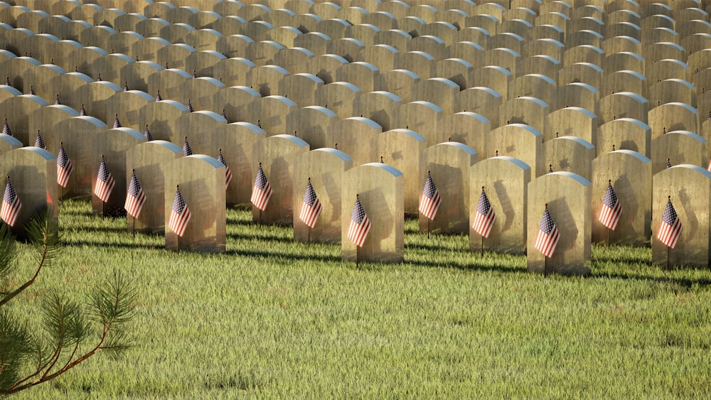 a field full of headstones with american flags on them